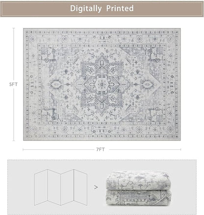 Area Rugs 5x7 Washable Area Rugs for Living Room- Ultra Soft Non-Shedding Faux Wool Bedroom Rug Grey Vintage Print Rugs Non Slip Dining Room Rugs Large Floor Carpet for Farmhouse Home Office