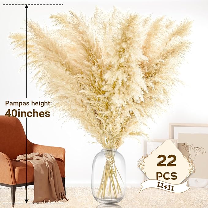 40" 22PCS Dried Pampas Grass Decor Tall,Large Natural Beige pompas Grass Tall Pampas Grass for Floor Vase,Wedding Decoration,Party,Farmhouse,Boho Home Decor,and Creating a Bohemian Ambiance