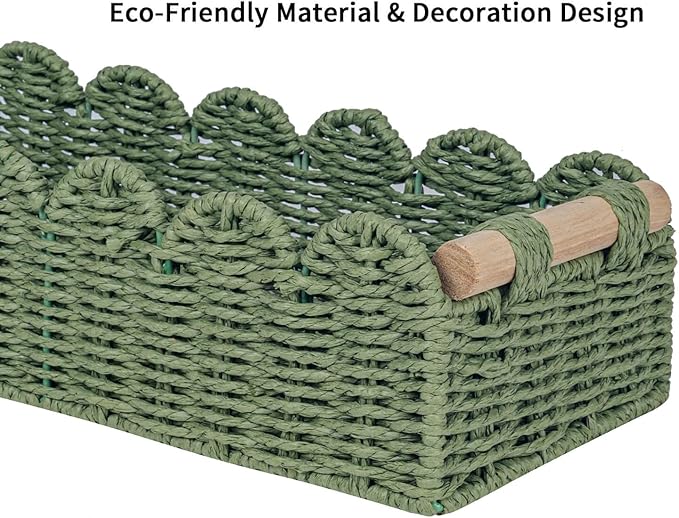 CubesLand Toilet Paper Storage Basket Scalloped Edge Home Decor Green Basket, Living Room Cozy Decor, Paper Rope Small Baskets for Over Toilet Storage Shelf, Shelves, with 2 Wooden Handles