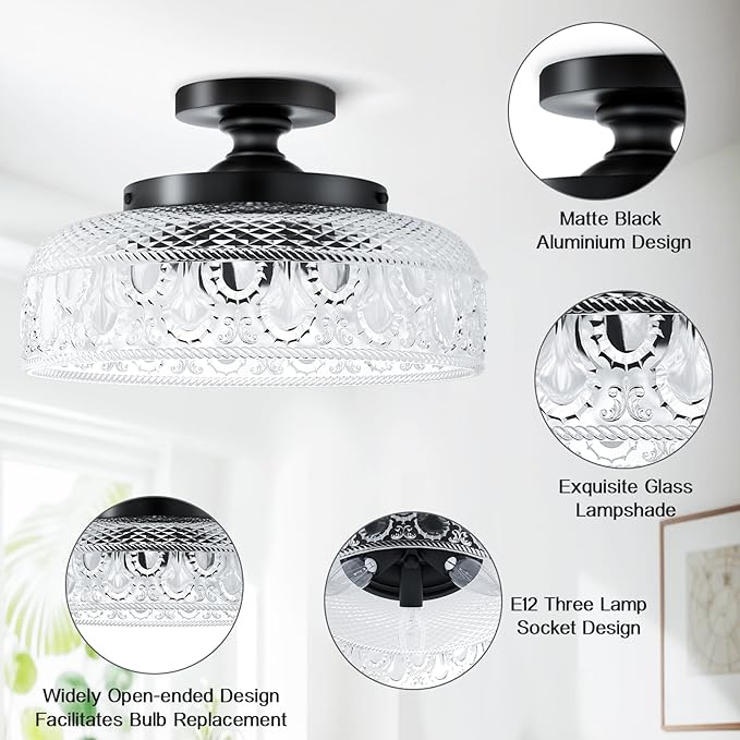Lamomo Semi Flush Mount Ceiling Light, Upgraded Larger Black Hallway Light Fixture, 3-Bulb Globe Glass Close to Ceiling Light, Indoor Hanging Light for Bedroom Kitchen Porch Hallway,Bulbs Not Included