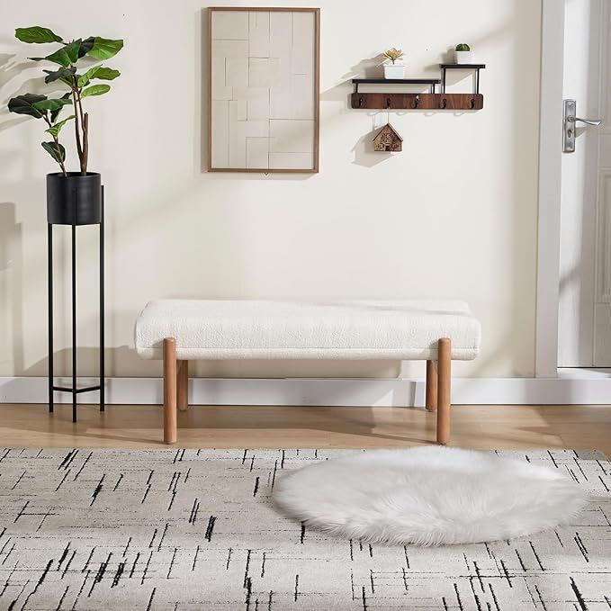 47" Modern Upholstered End of Bed Bench, Beige Chenille Channel Tufted Entryway Bench with Wood Legs, Comfy Bedroom Bench Long Ottoman for Living Room Hallway Vanity Room