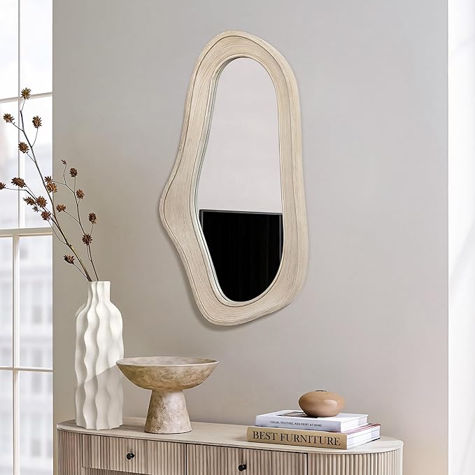 LuxenHome Irregular Asymmetrical Wall Mirror for Living Room Bathroom Entryway, Large Solid Wood Framed Wall Mounted Modern Decorative Vanity Mirror, Hanging Sculptures Accent for Office Home Decor