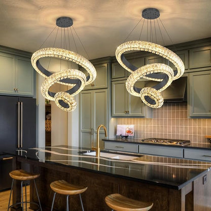 23.6" 3 Ring Crystal Chandelier Modern LED Dimmable Ring Pendant Light Round Chandelier for Dining Room Living Room Black