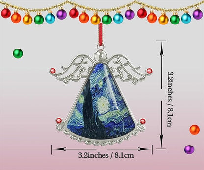 XUTAI Angel Christmas Tree Ornament Van Gogh Starry Night Style Glass Christmas Hanging Angel Glass Pendant for Holiday Decoration