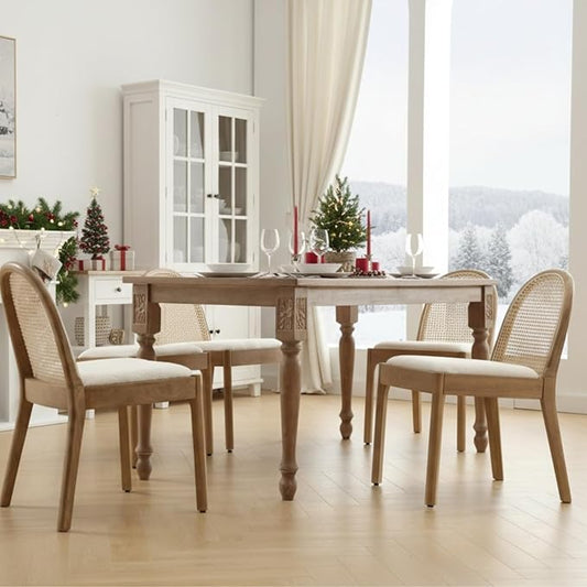 Upholstered Wooden Dining Chairs Set of 4, Farmhouse Kitchen & Dining Room Chairs with Cane Back, Accent Rattan Dining Table Chairs Sherpa Seat for Kitchen/Restaurant/Living Room, White