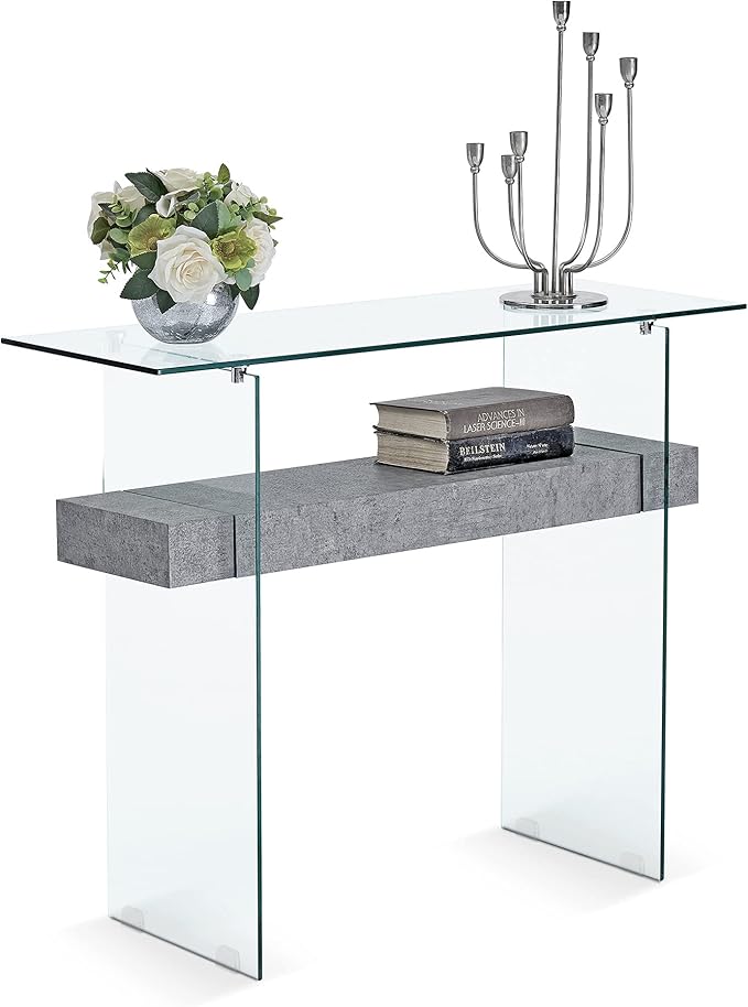 ivinta Glass Console Table with Storage, 39.4" Modern Entryway Table for Living Room, Foyer, Hallway, Bedroom 5101 (Gray)