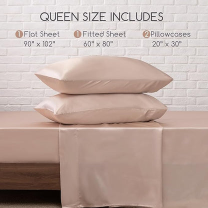 MR&HM Satin Bed Sheets, Queen Size Sheets Set, 4 Pcs Silky Bedding Set with 15 Inches Deep Pocket for Mattress (Queen, Champagne)