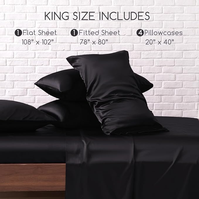 MR&HM Satin Bed Sheets, King Size Sheets Set, 6 Pcs Silky Bedding Set with 15 Inches Deep Pocket for Mattress (King, Black)