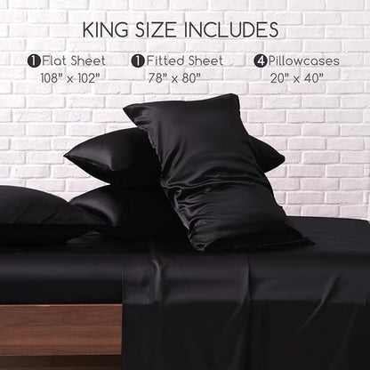 MR&HM Satin Bed Sheets, King Size Sheets Set, 6 Pcs Silky Bedding Set with 15 Inches Deep Pocket for Mattress (King, Black)