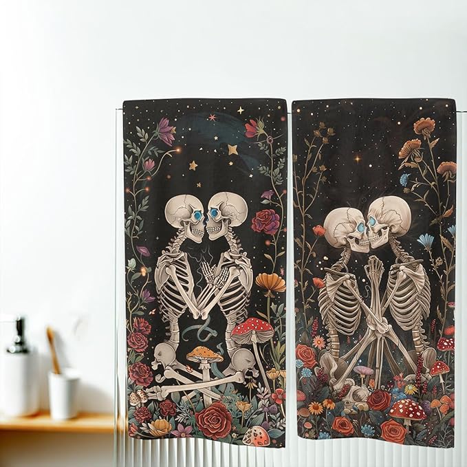 Mushroom Skull Kitchen Dish Towels Set Decorative Absorbent Tea Towels Funny Hand Towels 16x24 Skeleton Floral Gift