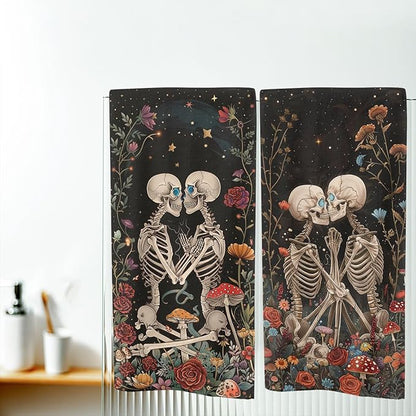 Mushroom Skull Kitchen Dish Towels Set Decorative Absorbent Tea Towels Funny Hand Towels 16x24 Skeleton Floral Gift