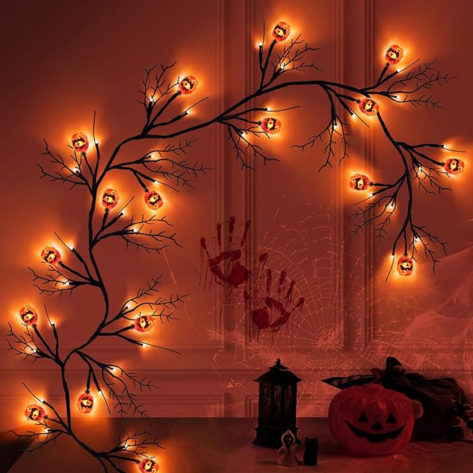 [ 8 Modes & Timer 6 Ft 54 LED Halloween Willow Vine Twig Decor Garland with 18 Pumpkins Orange Lights Waterproof Battery Operated Halloween Decorations for Home Wall Mantle Fireplace Decor
