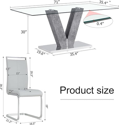 71" Glass Dining Table Set for 6, Kitchen Table and 6 PU Leather Chairs, Dining Table Set Ideal for Living Room