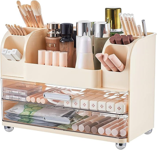 Makeup Organizer for Vanity with 2 Large Drawers, Cosmetic Display Case with Brush Holders, Easy to Storage for Bathroom Countertop Skincare, Desk Office Supplies, Cream White
