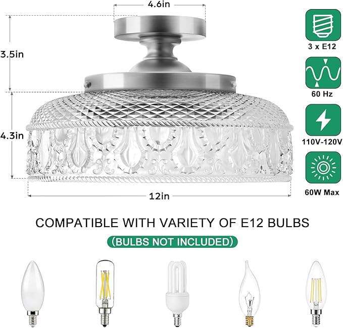 Lamomo Semi Flush Mount Ceiling Light,Upgraded Larger Silver Hallway Light Fixture,3-Bulb Globe Glass Close to Ceiling Scone, Indoor Hanging Light for Bedroom Kitchen Porch Hallway,Bulbs Not Included