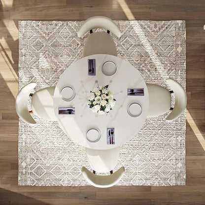 POVISON 47" Round Dining Table for 4-6, Modern Circle Dining Table, Glossy White Sintered Stone Dining Tabletop with Bronze Carbon Steel Pedestal (Dining Room Table Only)