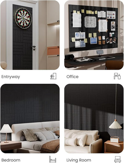 Bumusty Large Cork Board Alternative-47 x35 Felt Bulletin Board Tiles, with 30 Pushpins, 70 Adhesive Tabs, 12-Pack Slat Wall Paneling, Cork Boards for Office Push Pin Board Felt Board-Black