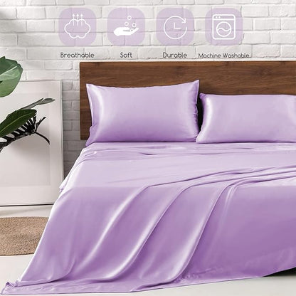MR&HM Satin Bed Sheets with Elastic Corner Straps, Queen Size Sheets Set, 4 Pcs Silky Bedding Set with 15 Inches Deep Pocket for Mattress (Queen, Lilac)