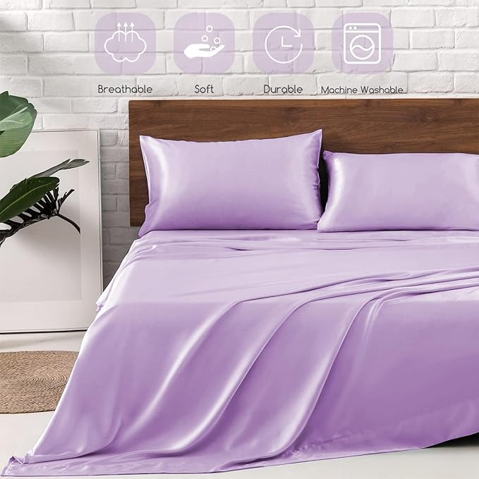 MR&HM Satin Bed Sheets with Elastic Corner Straps, King Size Sheets Set, 4 Pcs Silky Bedding Set with 15 Inches Deep Pocket for Mattress (King, Lilac)