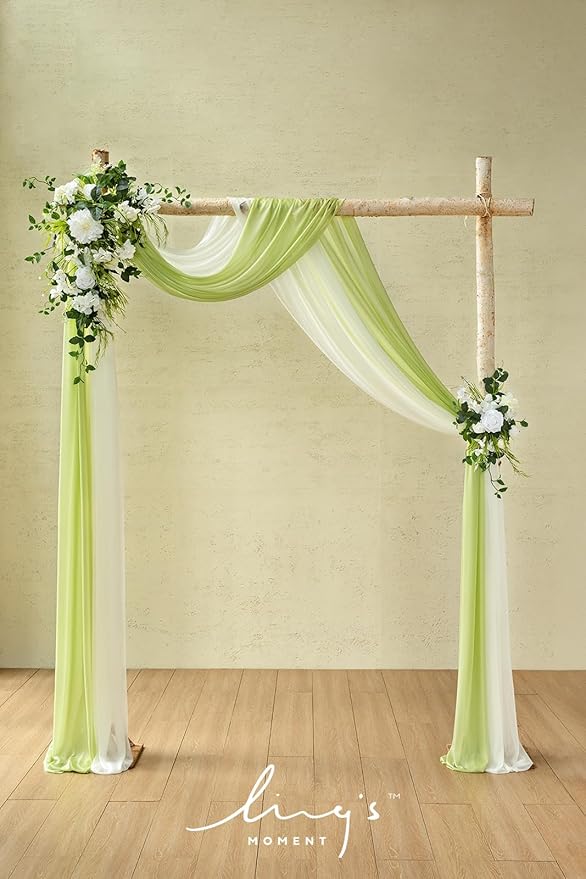 Ling's moment Wedding Arch Flowers Kit Pack of 4, 2pcs Hanging Artificial Flower Arrangements 2pcs Chiffon Drapes, Spring Ceremony Reception Fake Rose Arbor Backdrop Floral Outdoor Decor, White Green