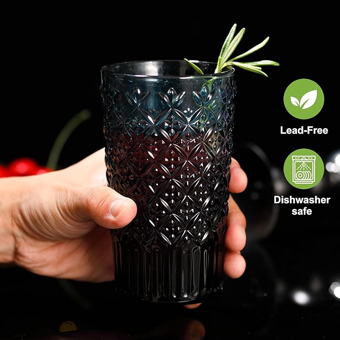 Blue Drinking Glasses Set of 12, 14 Oz Highball & 10 Oz Cocktail Glasses, Blue Kitchen Vintage Glassware Set, Floral Embossed Glass Tumbler Cups for Juice, Beer, Water, Whiskey, Coffee