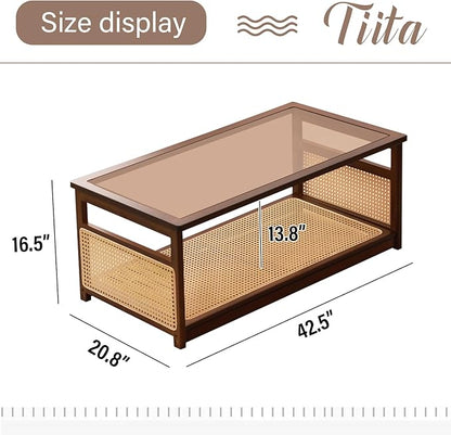 Tiita Coffee Tables for Living Room，Mid Century Modern Storage 2-Tier Coffee Tables，Rattan Glass RectangleTables，Suitable for Living Room Apartment，Brown