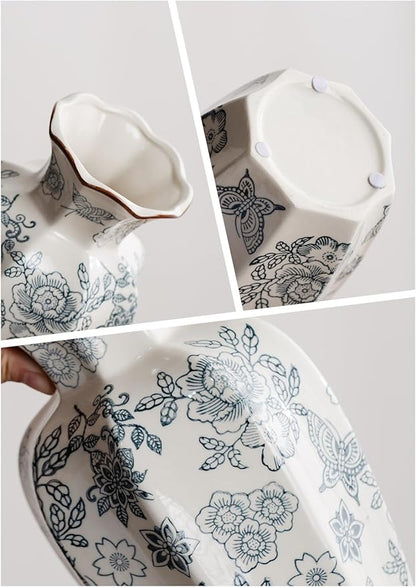 Blue and White Vase, Vintage Blue Ceramic Flower Vessel,Ceramic vases for Home Decor,Vintage Green and Beige for Console Table Mantle Chinoiserie Decor (Retro-02, Large)