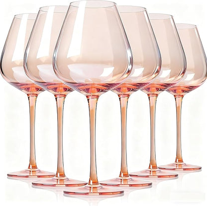 Physkoa Peach Burgundy Wine Glasses Set of 6 – Hand Blown Long Stem Wine Glasses, Lead-Free Crystal Goblets for Red & White Wine, Elegant Party Glassware for Home & Entertaining
