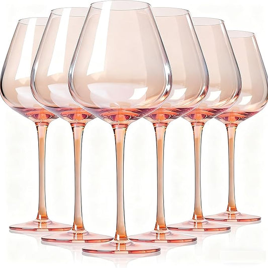 Physkoa Peach Burgundy Wine Glasses Set of 6 – Hand Blown Long Stem Wine Glasses, Lead-Free Crystal Goblets for Red & White Wine, Elegant Party Glassware for Home & Entertaining