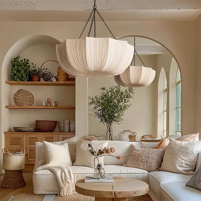 Lantern Fabric Pendant Light Modern Farmhouse Drum Chandelier Faux Silk Cloth Shade 3 Lights Wabi Sabi Light Fixture Farmhouse Ceiling Hanging Light for Dining Room Bedroom