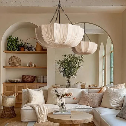 Lantern Fabric Pendant Light Modern Farmhouse Drum Chandelier Faux Silk Cloth Shade 3 Lights Wabi Sabi Light Fixture Farmhouse Ceiling Hanging Light for Dining Room Bedroom