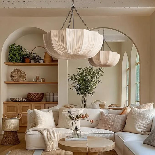 Lantern Fabric Pendant Light Modern Farmhouse Drum Chandelier Faux Silk Cloth Shade 3 Lights Wabi Sabi Light Fixture Farmhouse Ceiling Hanging Light for Dining Room Bedroom