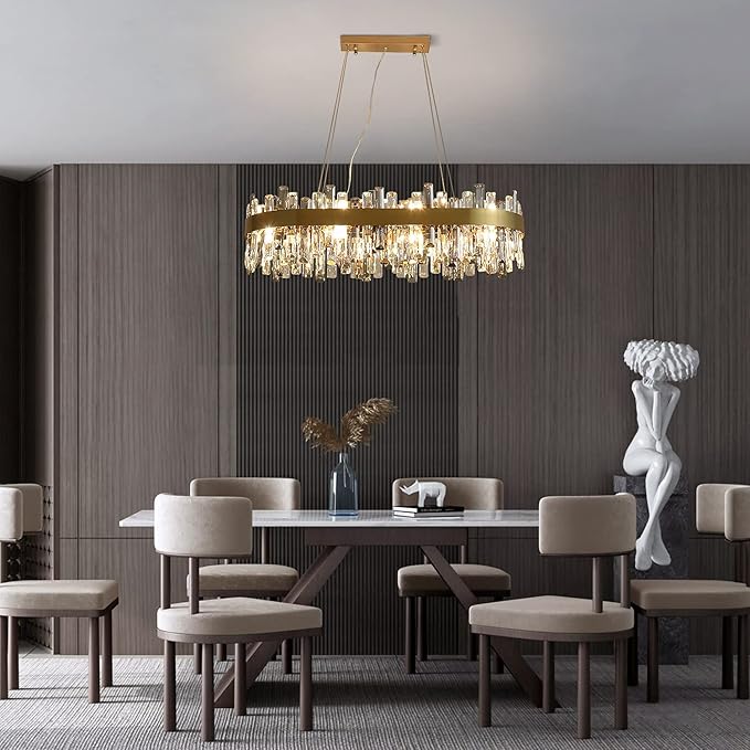 Siljoy 16-Light Modern Crystal Chandelier for Dining Room, Luxury Gold Rectangular Crystal Raindrop Chandelier, Farmhouse Oval Adjustable Pendant Ceiling Light for Living Room Kitchen Island L35.4''
