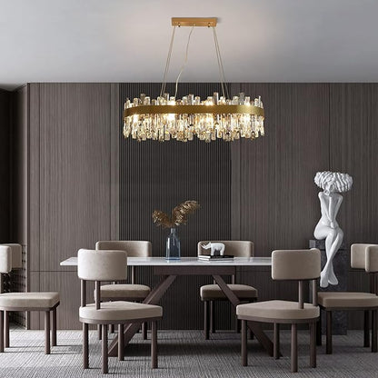 Siljoy 16-Light Modern Crystal Chandelier for Dining Room, Luxury Gold Rectangular Crystal Raindrop Chandelier, Farmhouse Oval Adjustable Pendant Ceiling Light for Living Room Kitchen Island L35.4''