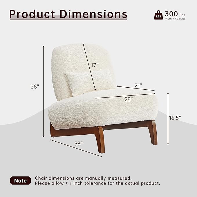 Morden Fort Boucle Chair, Upholstered Accent Chair Tilted Wooden Leg with Durable Comfy Boucle Pet-Friendly Thick Cushion & Pillow Armless Modern Chairs for Living Room Bedroom Reading, Beige