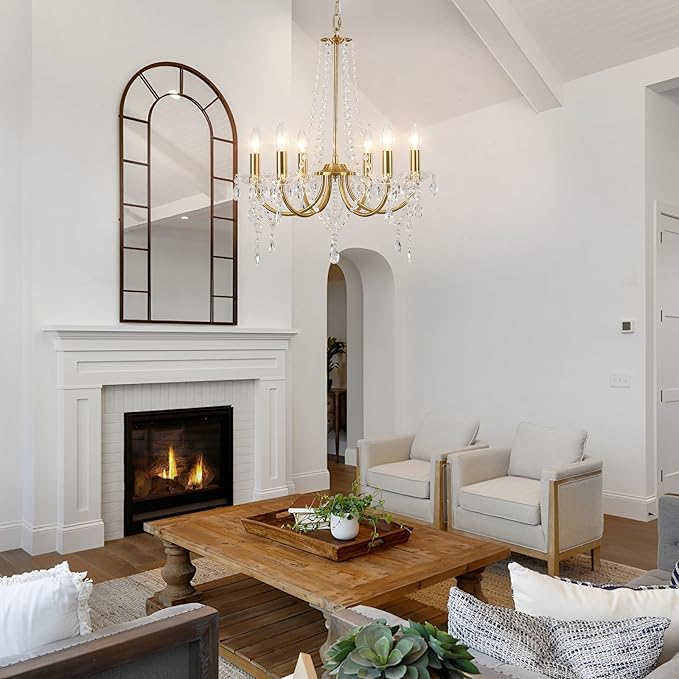 Crystal Gold Chandeliers for Dining Room, Modern Crystal Brass Chandelier Light Fixture, Vintage Pendant Light for Living Room Bedroom Bathroom Entryway Hallway E12 Bulbs D19 in x H24 in