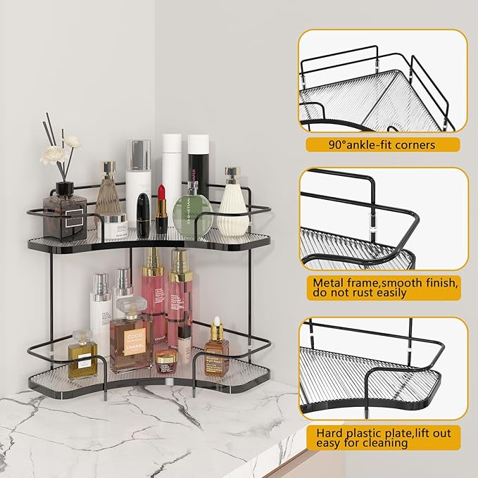 FOLLOWIN 2 Tier Bathroom Countertop Corner Organizer,Countertop Perfume,Vanity Counter Shelf,Skincare Makeup Cosmetic Vanity Organizers,Elegant Black