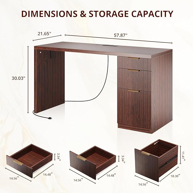 FURSUN 58" Modern Executive Desk with Storage, Home Office Desk with Drawer & Cabinet, Wooden Fluted Desk for Study, Living Room, Bedroom, Dark Walnut
