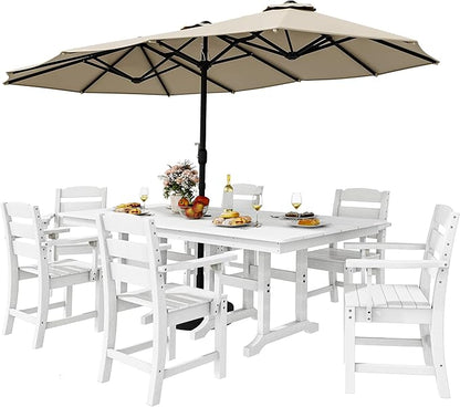 YITAHOME 8 Piece Patio Dining Set w/13 ft Double-Sided Patio Umbrella, HDPE Outdoor Dining Set w/71 Rectangular Patio Dining Table & 6 Dining Chairs, All Weather for Deck Lawn Porch,White