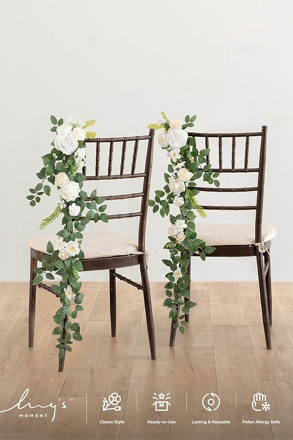 Ling's Moment 10pcs Wedding Chair Decorations Aisle Floral Swag Artificial Pew Flowers Hanging Garland White & Sage Green For Ceremony Reception Church Rose Floral Faux Arrangement Party Outdoor Decor