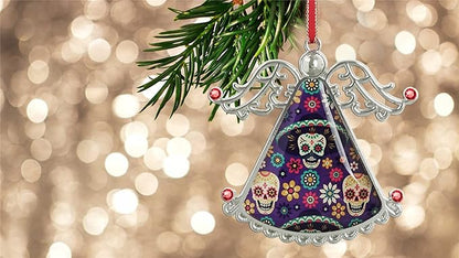 XUTAI Angel Christmas Tree Ornaments Sugar Skulls Flowers on Dark Glass Hanging Angel Glass Pendant for Holiday Decoration