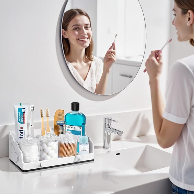 Bathroom Counter Organizer with 3PCS Qtip Holder, Marble Toothbrush Holders for Bathrooms, Bathroom Organizers and Storage with Drain Holes, Electric Toothbrush Holder, Vanity Organizer