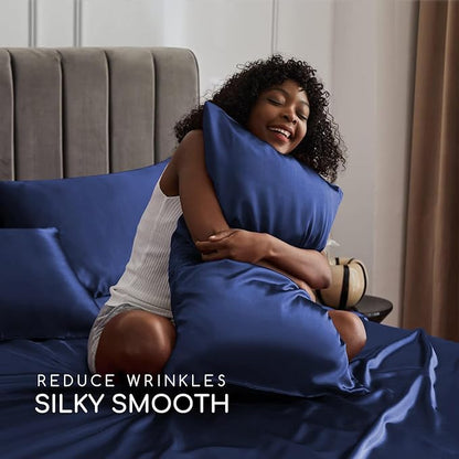 MR&HM Satin Bed Sheets, Queen Size Sheets Set, 4 Pcs Silky Bedding Set with 15 Inches Deep Pocket for Mattress (Queen, Navy Blue)