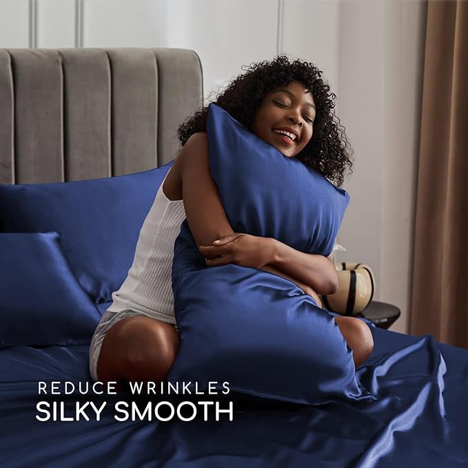 MR&HM Satin Bed Sheets, Full Size Sheets Set, 4 Pcs Silky Bedding Set with 15 Inches Deep Pocket for Mattress (Full, Navy Blue)