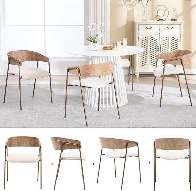 DUOMAY Modern Dining Chairs Set of 6, Linen Fabric Upholstered Curved Back Dining Room Chairs, Open Back Kitchen Chairs with Metal Legs for Kitchen Restaurant Living Dining Room, Brown