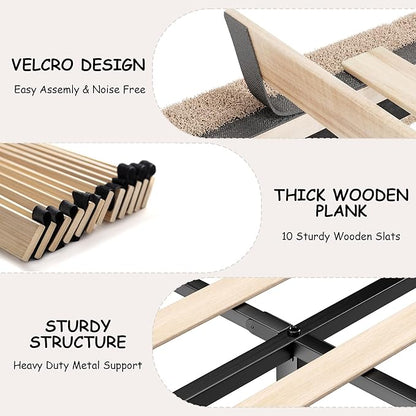 Queen Size Boucle Bed Frame, Cloud Upholstered Platform Bed with Height Adjustable Headboard & Soft Rounded Corners, No Box Spring Needed, Noise Free, Easy Assembly, Camel