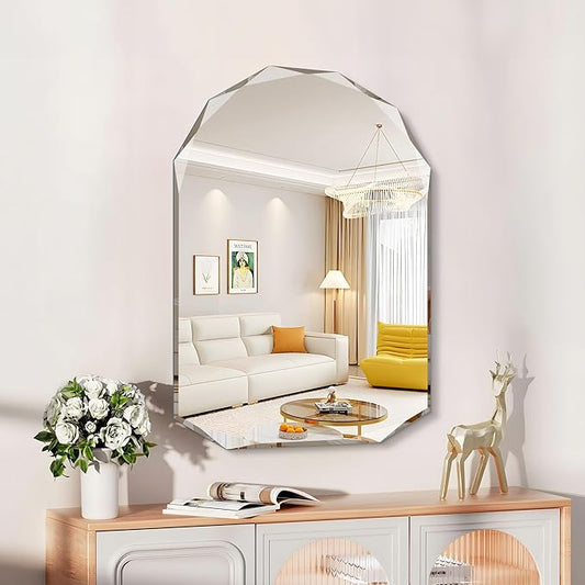 KOCUUY 24"x36" Frameless Wall Mirror, Arched Shape with Diamond-Shaped Beveled Edge,Unframed Decorative with Upgraded Shatterproof Glass,Unique Frameless Mirror for Bathroom,Living Room,Bedroom