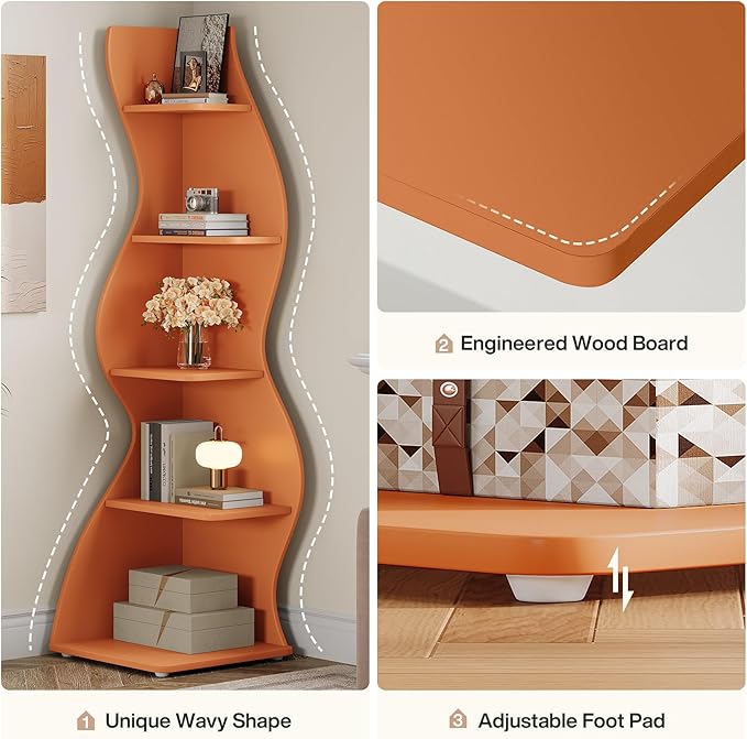 Tribesigns Wavy Corner Shelf, Modern 5-Tier Bookshelf Bookcase with Curvy Shape, Unique Plant Stand Display Rack for Living Room Small Space (Orange)