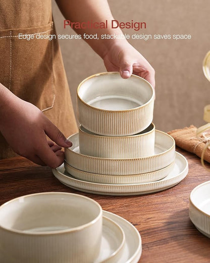 Famiware Star Dinnerware Set with Pasta Bowls, Service for 4 (16pcs), Ribbed Stoneware Plates and Bowls Dishes Sets - Chip & Scratch Resistant, Microwave & Dishwasher Safe, Cappuccino White