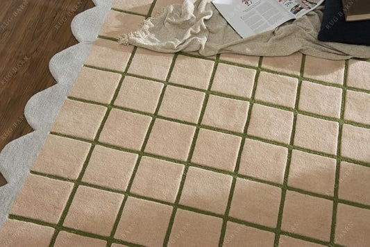 Scalloped Border Wool Area Rug with Windowpane Grid, Hand-Tufted, Beige-Blush with Sage Lines & Light Purple Edge - Soft High-Low Pile for Living Room, Bedroom, Nursery - 2.5x11 Ft (Runner)